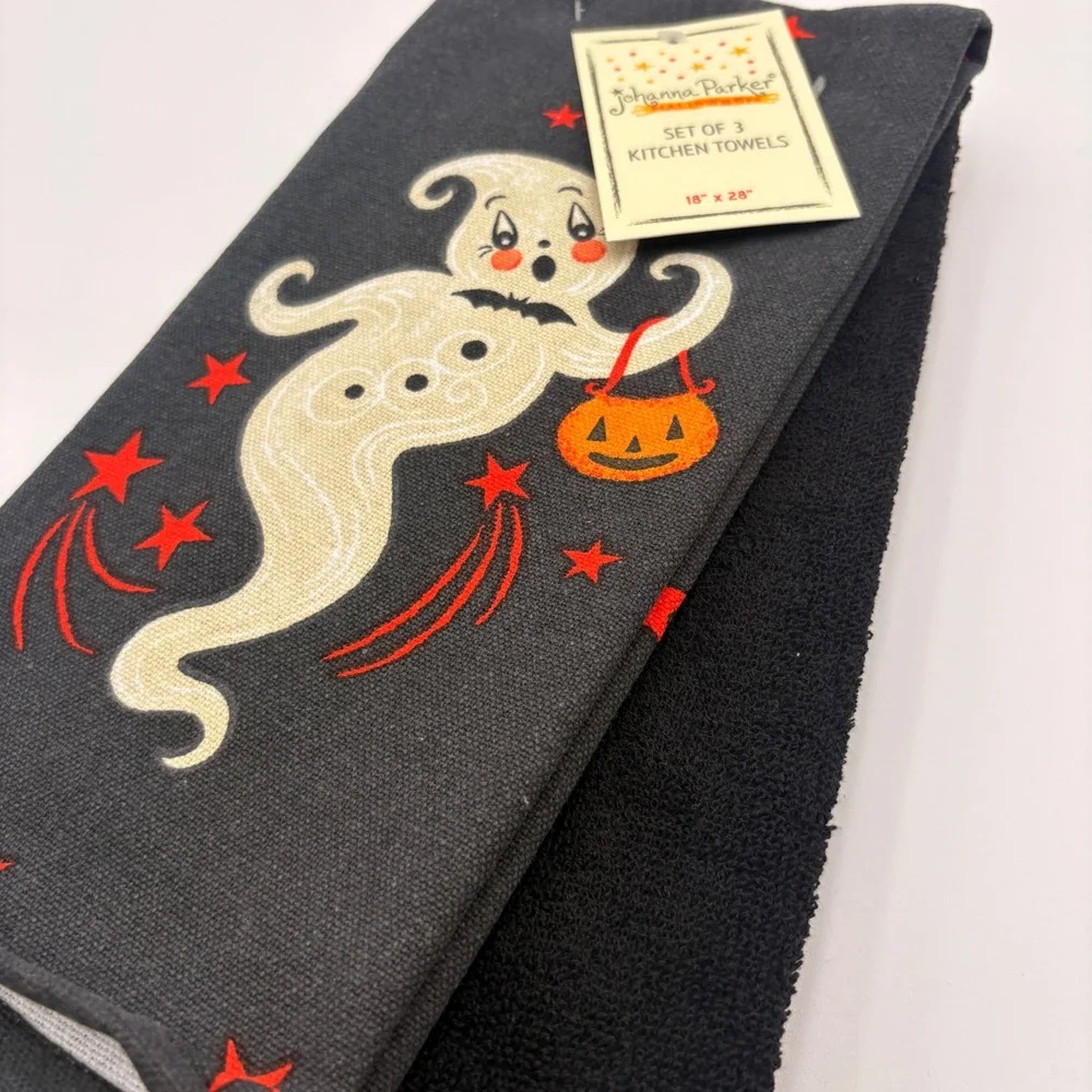 Johanna Parker Halloween Kitchen Towels Set of 3 Witch Ghost Orange Black 18x28